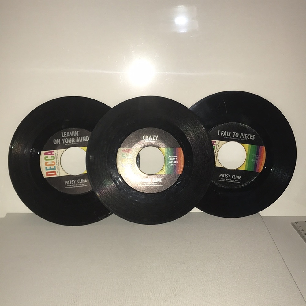 Patsy Cline 45’s. CRAZY, Leaven’ On Your Mind, & I Fall To Pieces